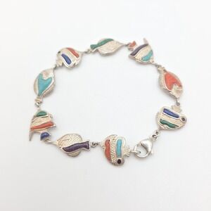 CCO COLEMAN Co Fish Bracelet 925 Sterling Silver Coral Lapis Lazuli Turquoi 7.5"